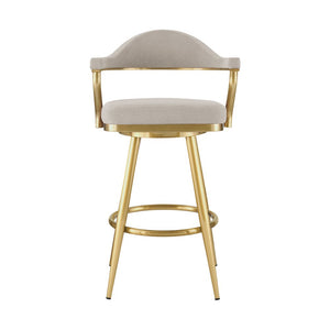 30" Taupe and Gold Fabric and Stainless Steel Bar Height Swivel Bar Chair