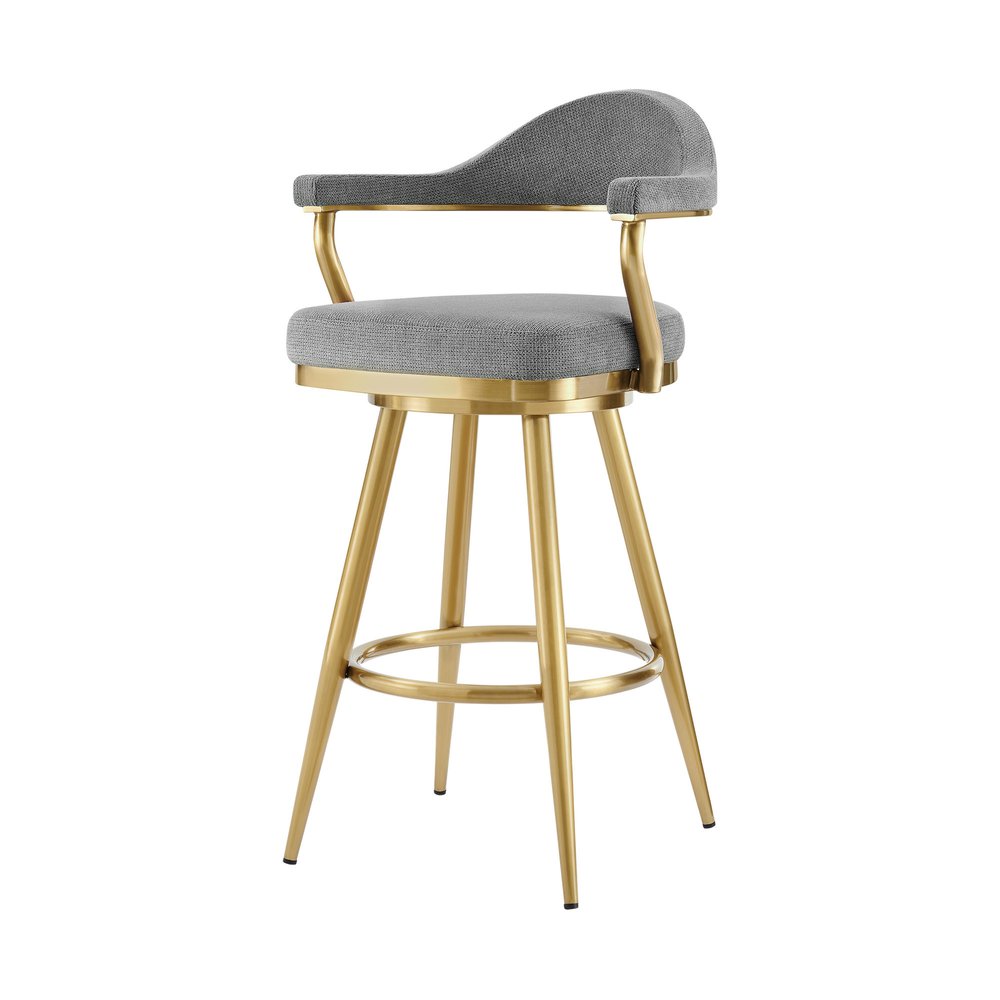30" Gray And Gold Fabric And Steel Low Back Bar Height Swivel Bar Chair