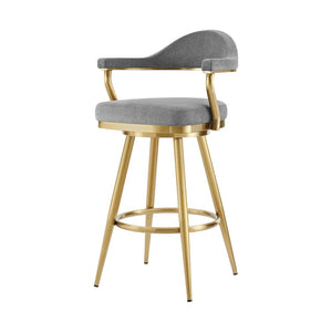 30" Gray And Gold Fabric And Steel Low Back Bar Height Swivel Bar Chair
