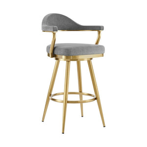 30" Gray And Gold Fabric And Steel Low Back Bar Height Swivel Bar Chair