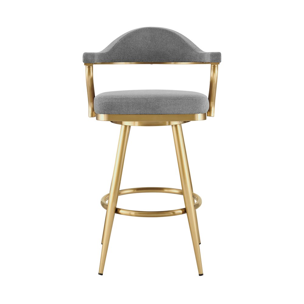 30" Gray And Gold Fabric And Steel Low Back Bar Height Swivel Bar Chair
