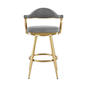 30" Gray And Gold Fabric And Steel Low Back Bar Height Swivel Bar Chair