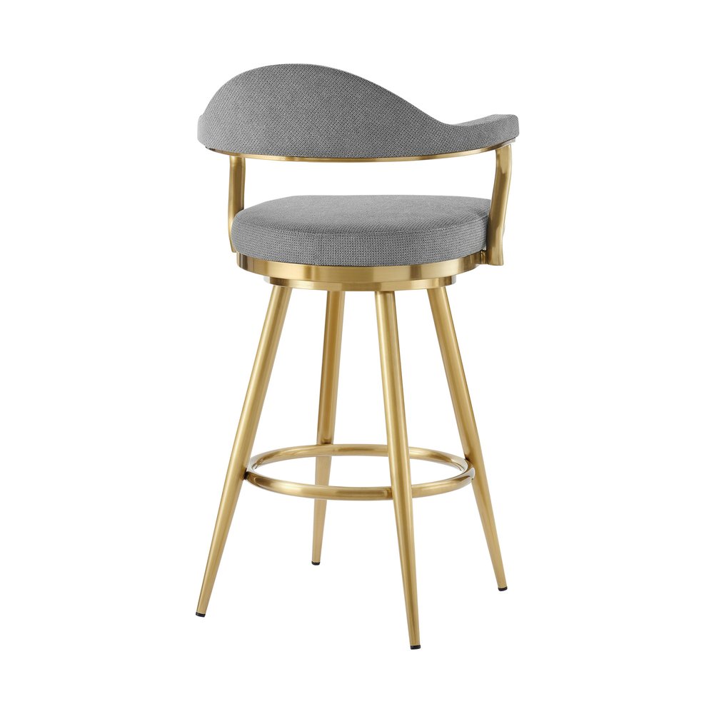 30" Gray And Gold Fabric And Steel Low Back Bar Height Swivel Bar Chair