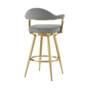 30" Gray And Gold Fabric And Steel Low Back Bar Height Swivel Bar Chair
