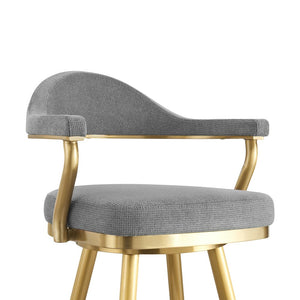 30" Gray And Gold Fabric And Steel Low Back Bar Height Swivel Bar Chair