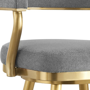 30" Gray and Gold Fabric and Stainless Steel Low Back Bar Height Swivel Bar Chair