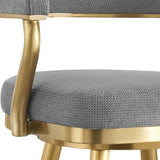 30" Gray and Gold Fabric and Stainless Steel Low Back Bar Height Swivel Bar Chair