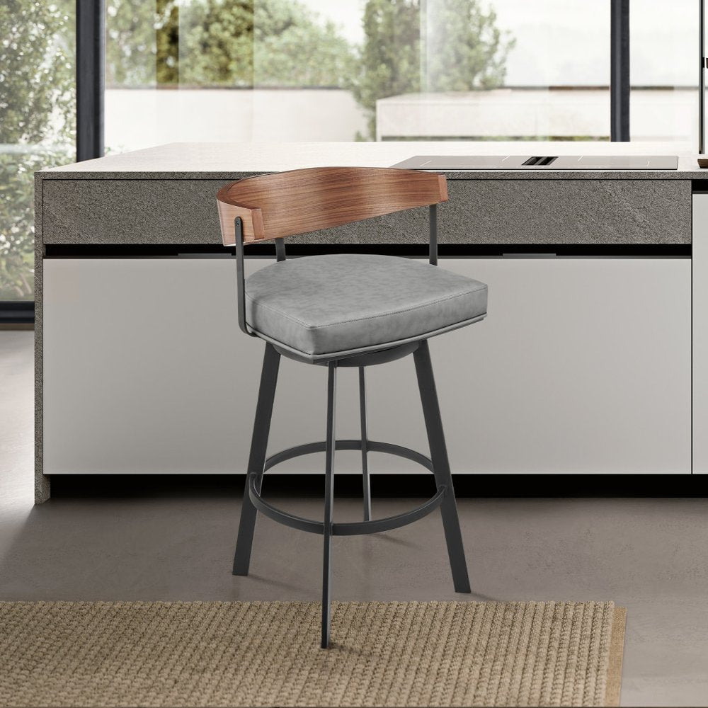 26" Gray Brown And Black Faux Leather And Iron Low Back Counter Height Swivel Bar Chair