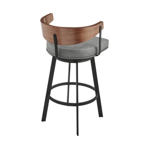 26" Gray Brown And Black Faux Leather And Iron Low Back Counter Height Swivel Bar Chair