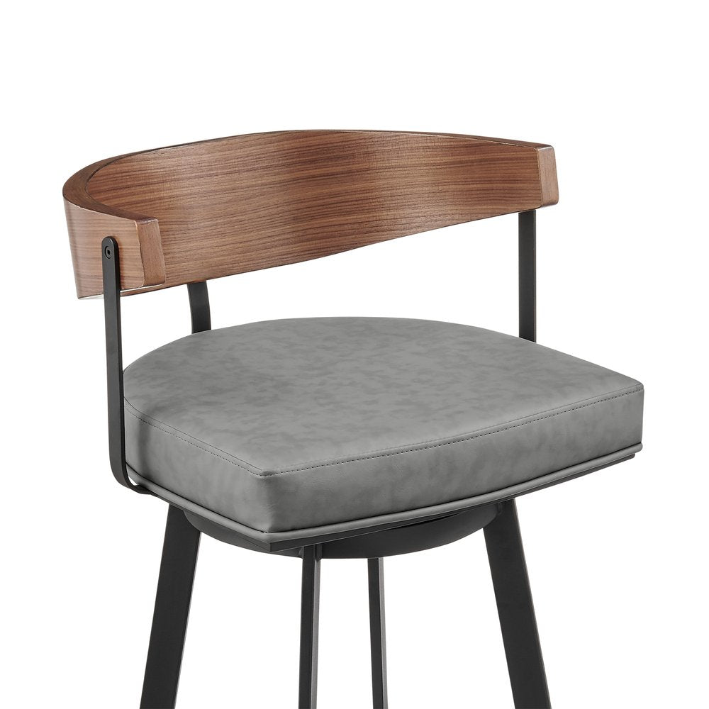 26" Gray Brown And Black Faux Leather And Iron Low Back Counter Height Swivel Bar Chair