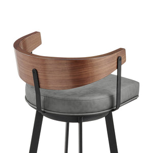26" Gray Brown And Black Faux Leather And Iron Low Back Counter Height Swivel Bar Chair