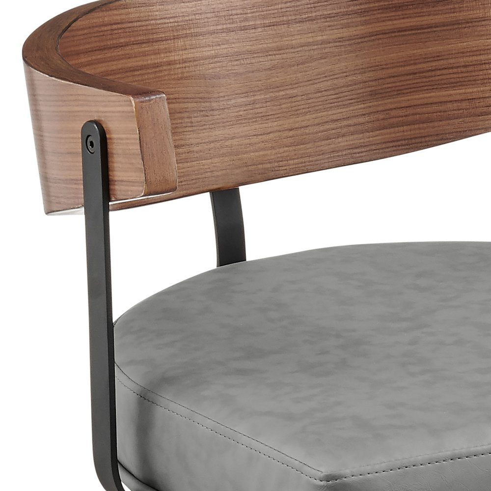 26" Gray Brown And Black Faux Leather And Iron Low Back Counter Height Swivel Bar Chair