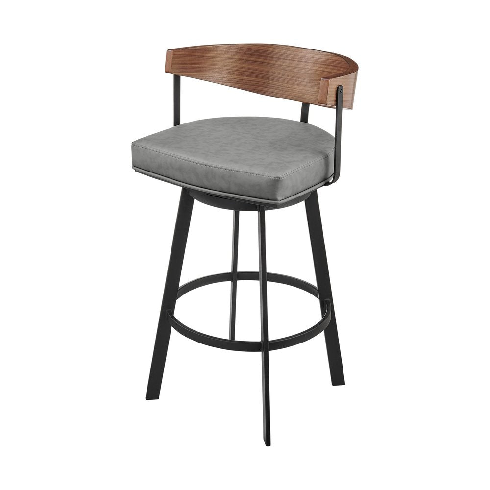 30" Gray Brown and Black Faux Leather and Iron Low Back Bar Height Swivel Bar Chair