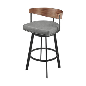 30" Gray Brown and Black Faux Leather and Iron Low Back Bar Height Swivel Bar Chair