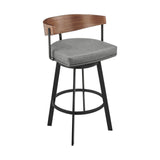30" Gray Brown and Black Faux Leather and Iron Low Back Bar Height Swivel Bar Chair