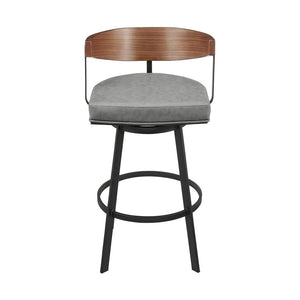 30" Gray Brown and Black Faux Leather and Iron Low Back Bar Height Swivel Bar Chair