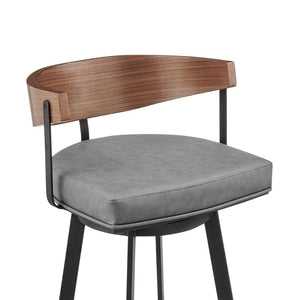30" Gray Brown and Black Faux Leather and Iron Low Back Bar Height Swivel Bar Chair