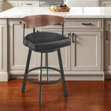 26" Black and Brown Faux Leather and Iron Low Back Counter Height Swivel Bar Chair