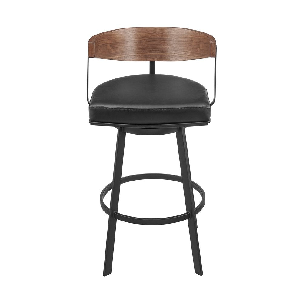 26" Black and Brown Faux Leather and Iron Low Back Counter Height Swivel Bar Chair