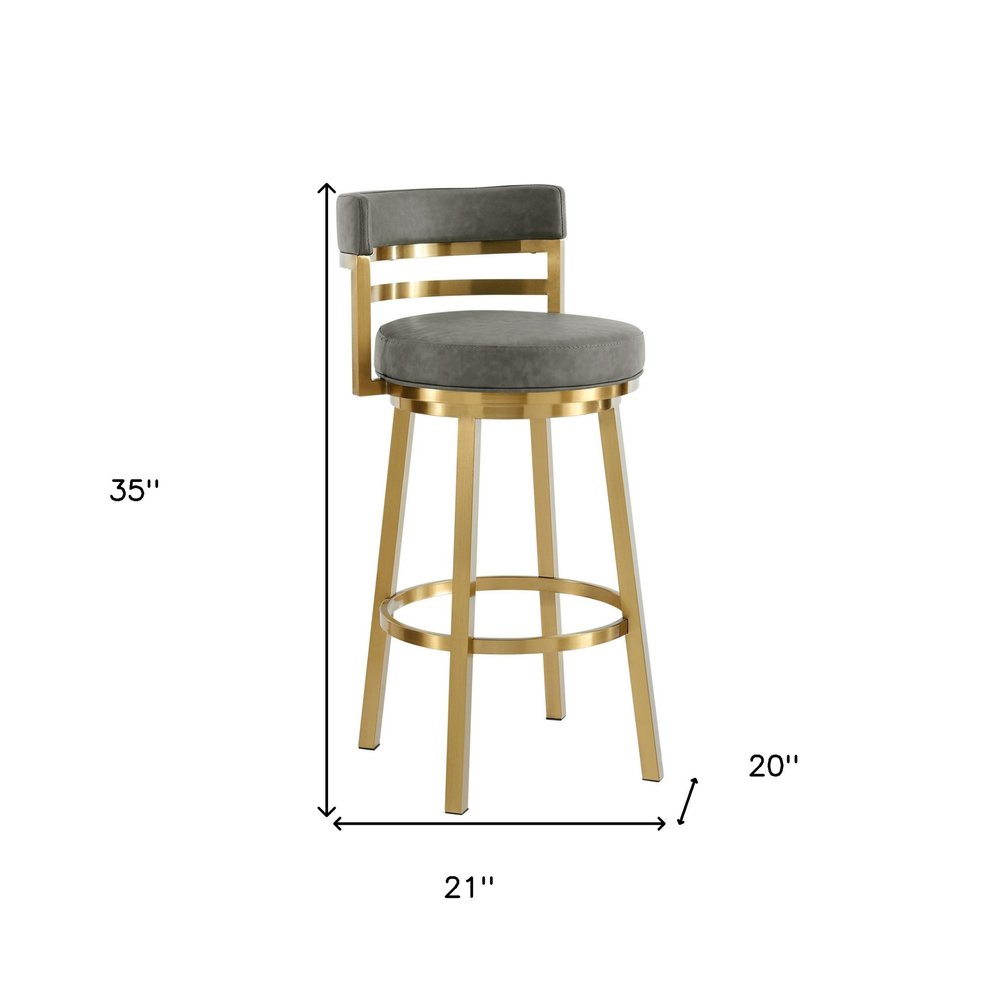26" Gray and Gold Faux Leather and Stainless Steel Low Back Counter Height Swivel Bar Chair