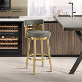 26" Gray and Gold Faux Leather and Stainless Steel Low Back Counter Height Swivel Bar Chair