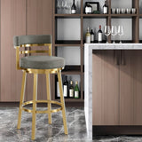 30" Gray and Gold Faux Leather and Stainless Steel Low Back Bar Height Swivel Bar Chair