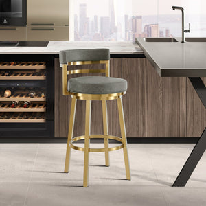 30" Gray and Gold Faux Leather and Stainless Steel Low Back Bar Height Swivel Bar Chair