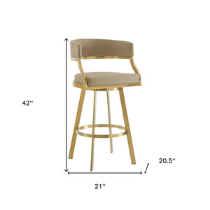 30" Sand and Gold Faux Leather and Stainless Steel Low Back Bar Height Swivel Bar Chair