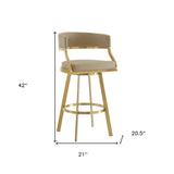 30" Sand and Gold Faux Leather and Stainless Steel Low Back Bar Height Swivel Bar Chair