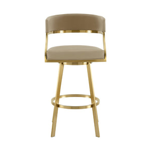 30" Sand and Gold Faux Leather and Stainless Steel Low Back Bar Height Swivel Bar Chair