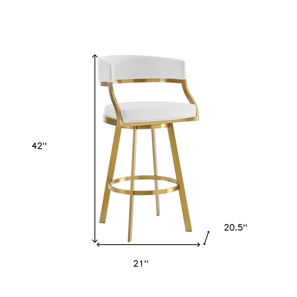 30" White and Gold Faux Leather and Stainless Steel Low Back Bar Height Swivel Bar Chair
