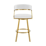 30" White and Gold Faux Leather and Stainless Steel Low Back Bar Height Swivel Bar Chair