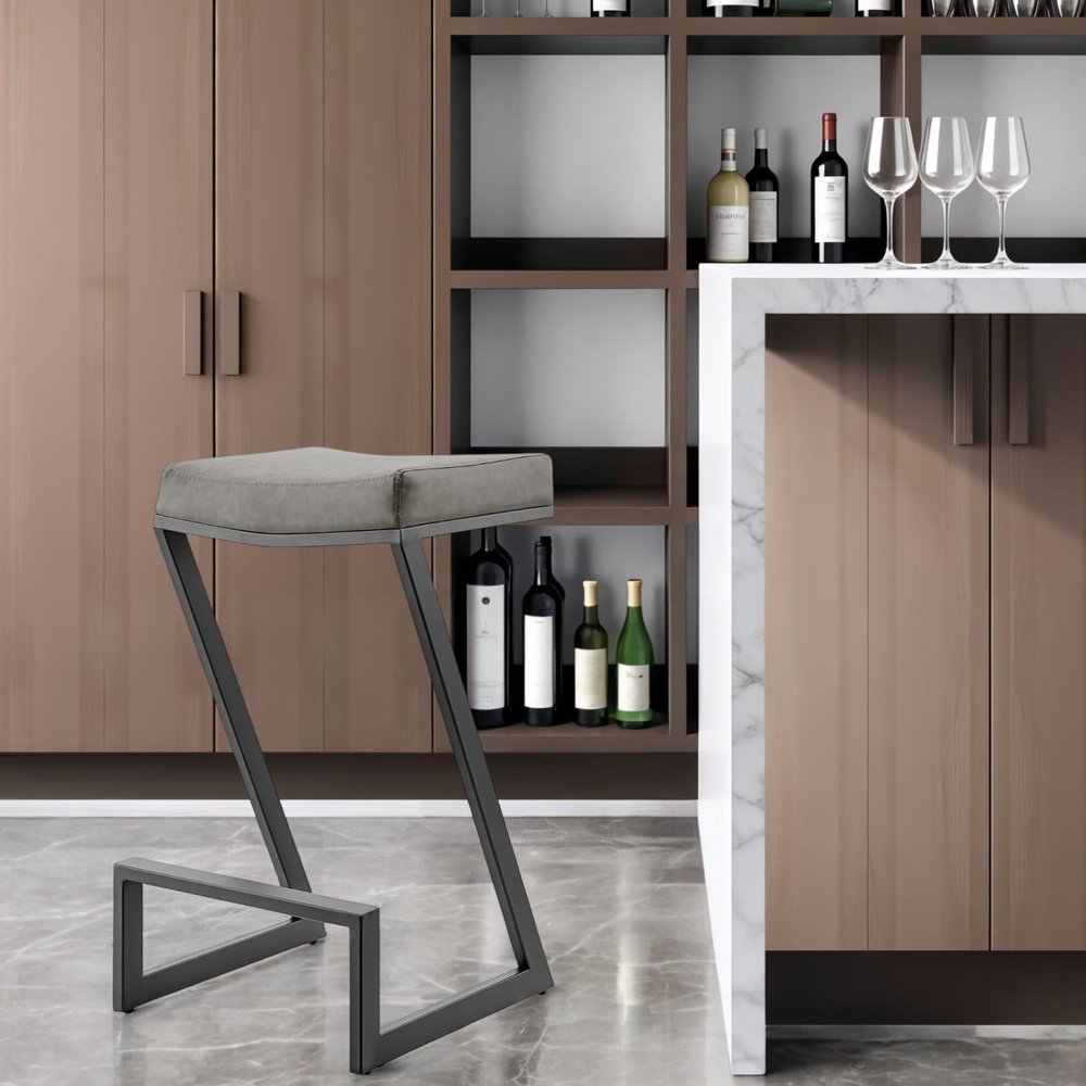 30" Gray and Black Faux Leather and Iron Backless Bar Height Bar Chair