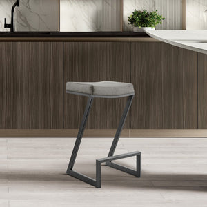 30" Gray And Black Faux Leather And Iron Backless Bar Height Bar Chair