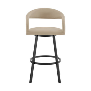 26" Beige And Black Faux Leather And Iron Low Back Counter Height Swivel Bar Chair