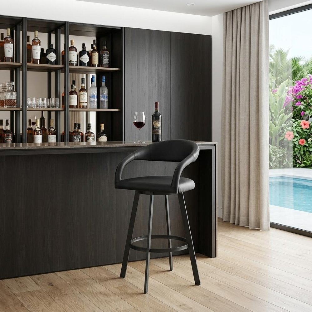 30" Black Faux Leather And Iron Low Back Bar Height Swivel Bar Chair
