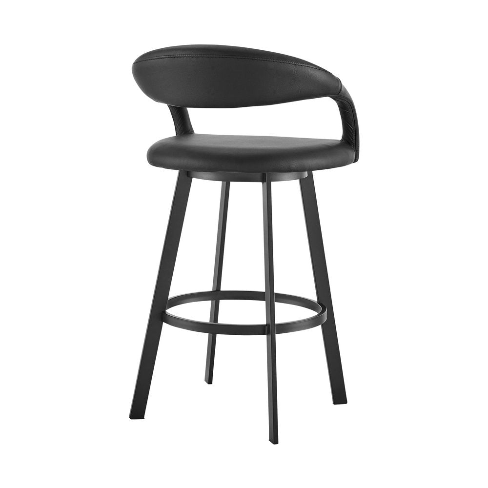 30" Black Faux Leather And Iron Low Back Bar Height Swivel Bar Chair