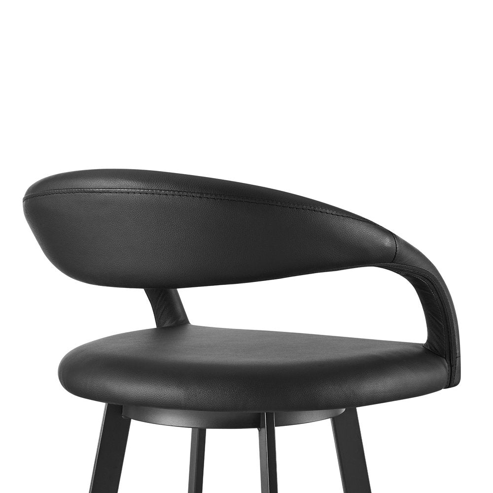 30" Black Faux Leather And Iron Low Back Bar Height Swivel Bar Chair