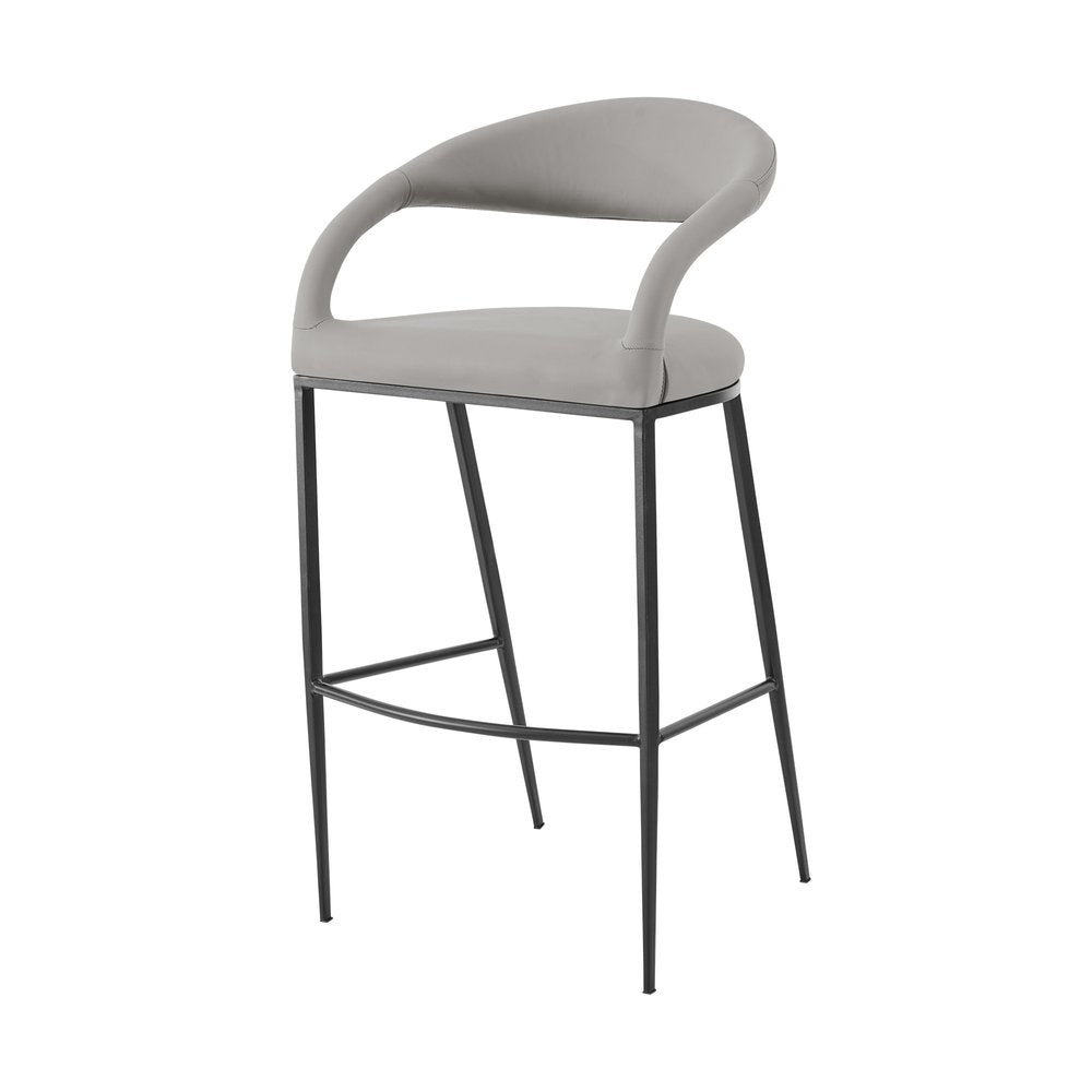 30" Light Gray And Black Faux Leather And Iron Low Back Bar Height Bar Chair