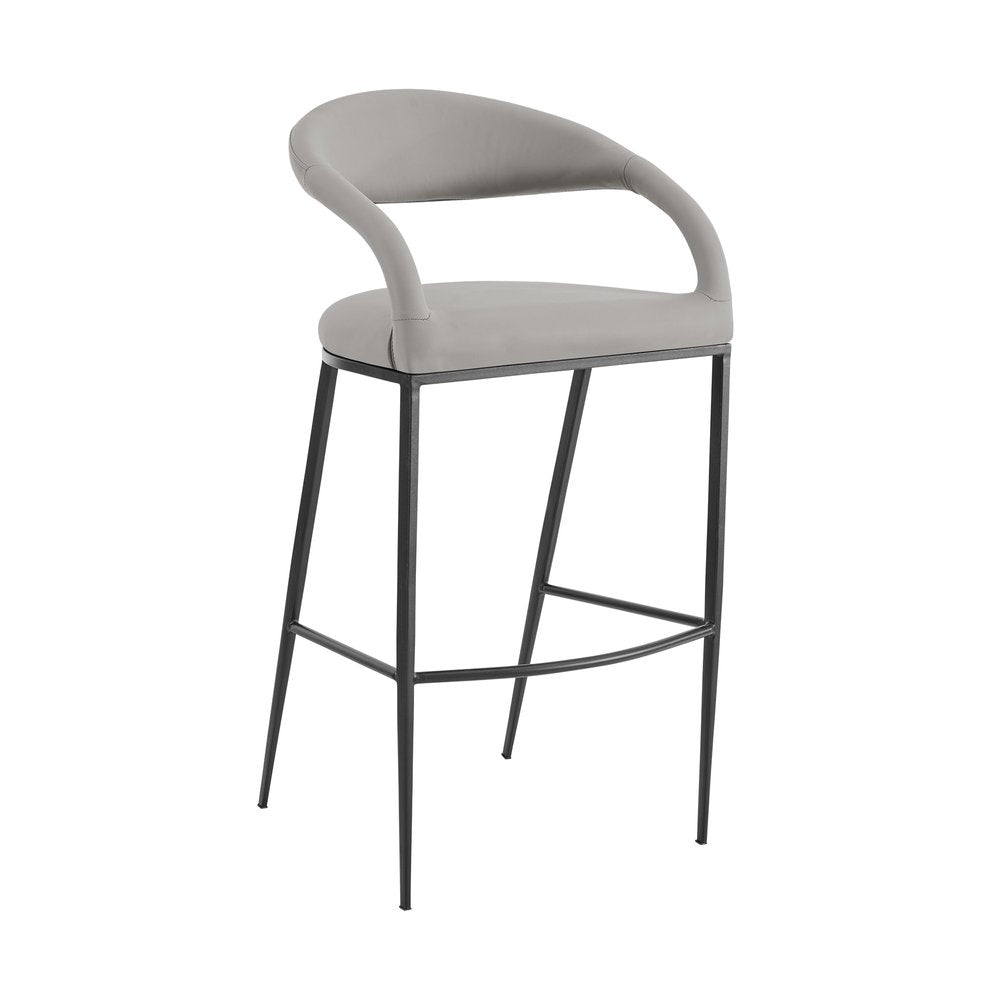 30" Light Gray And Black Faux Leather And Iron Low Back Bar Height Bar Chair