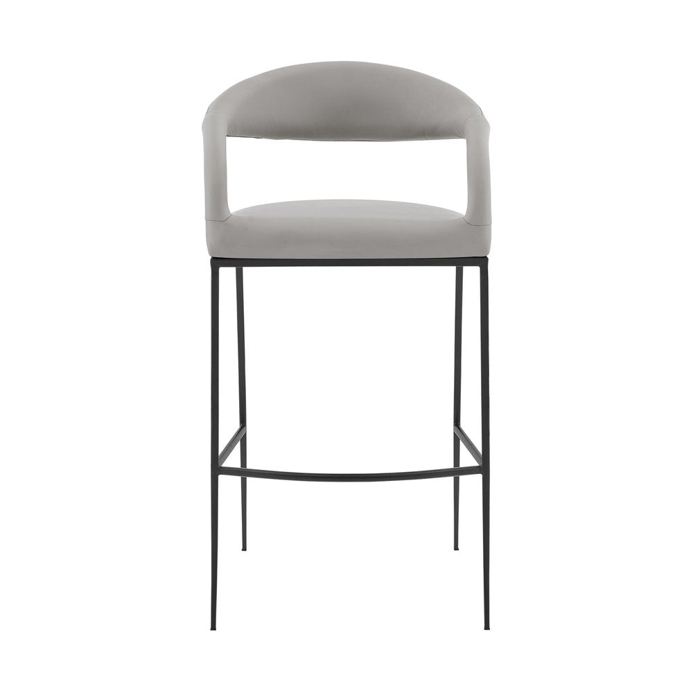 30" Light Gray And Black Faux Leather And Iron Low Back Bar Height Bar Chair