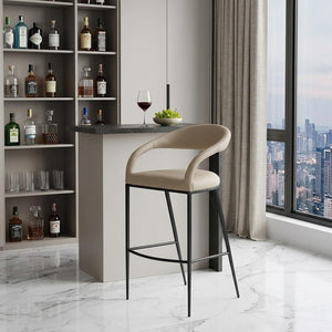 30" Beige And Black Faux Leather And Iron Low Back Bar Height Bar Chair