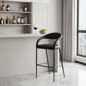 30" Black Faux Leather And Iron Low Back Bar Height Bar Chair