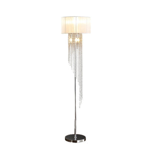 66" Clear And Silver Crystal And Metal Floor Lamp With White Linen Drum Shade