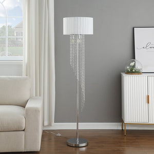 66" Clear And Silver Crystal And Metal Floor Lamp With White Linen Drum Shade