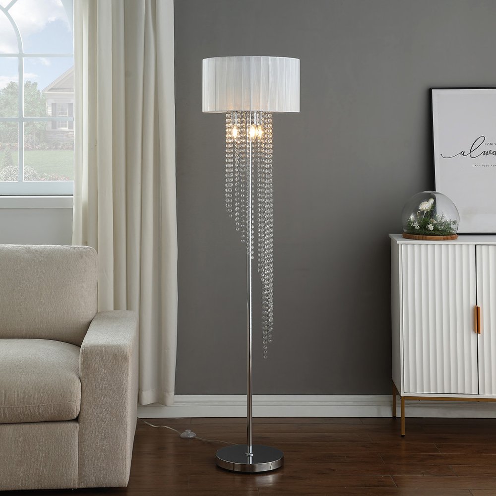 66" Clear And Silver Crystal And Metal Floor Lamp With White Linen Drum Shade