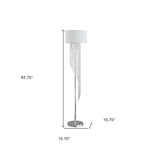 66" Clear And Silver Crystal And Metal Floor Lamp With White Linen Drum Shade