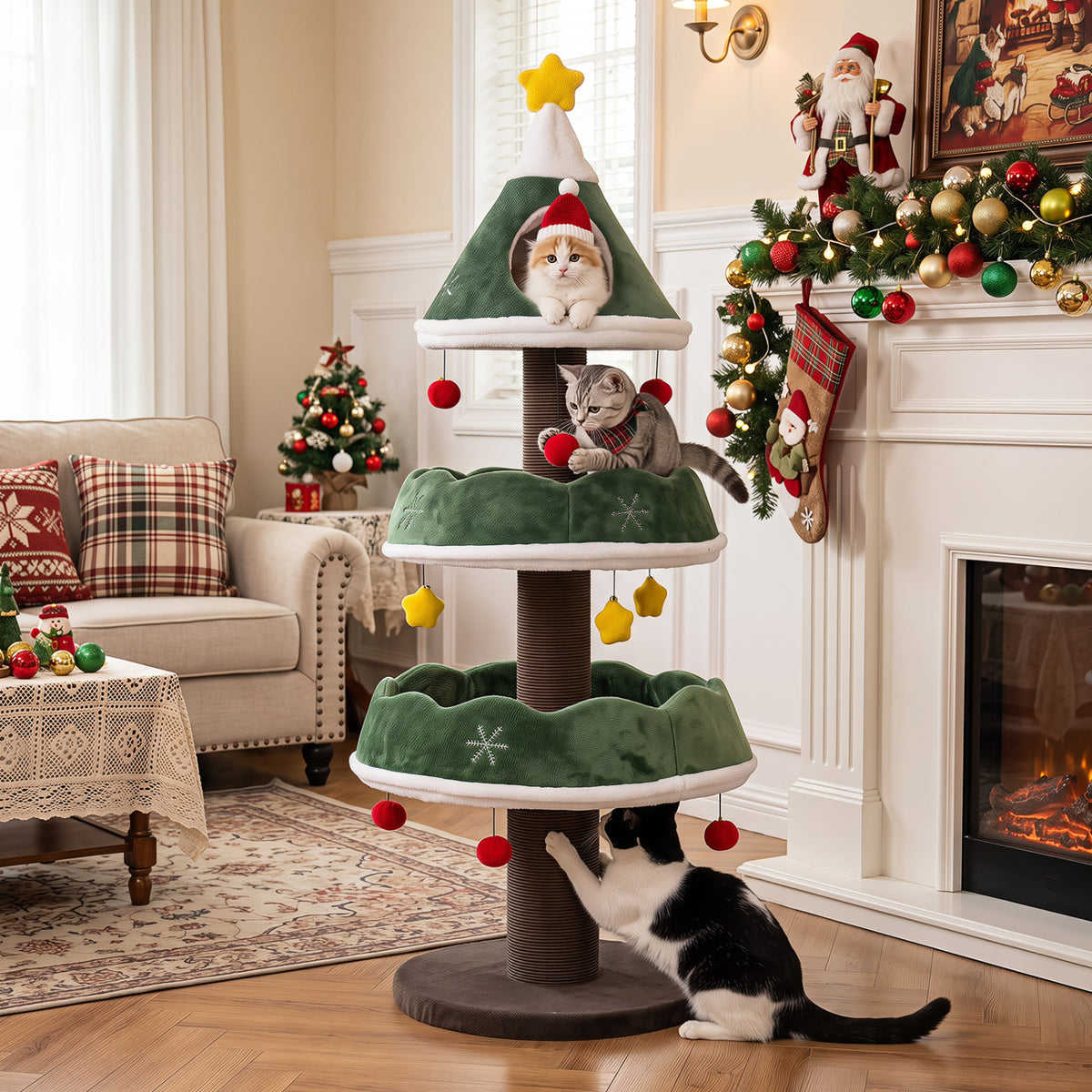 56.5 Inch Multi-Level Cat Tower with Fully-wrapped Scratching Posts-Green