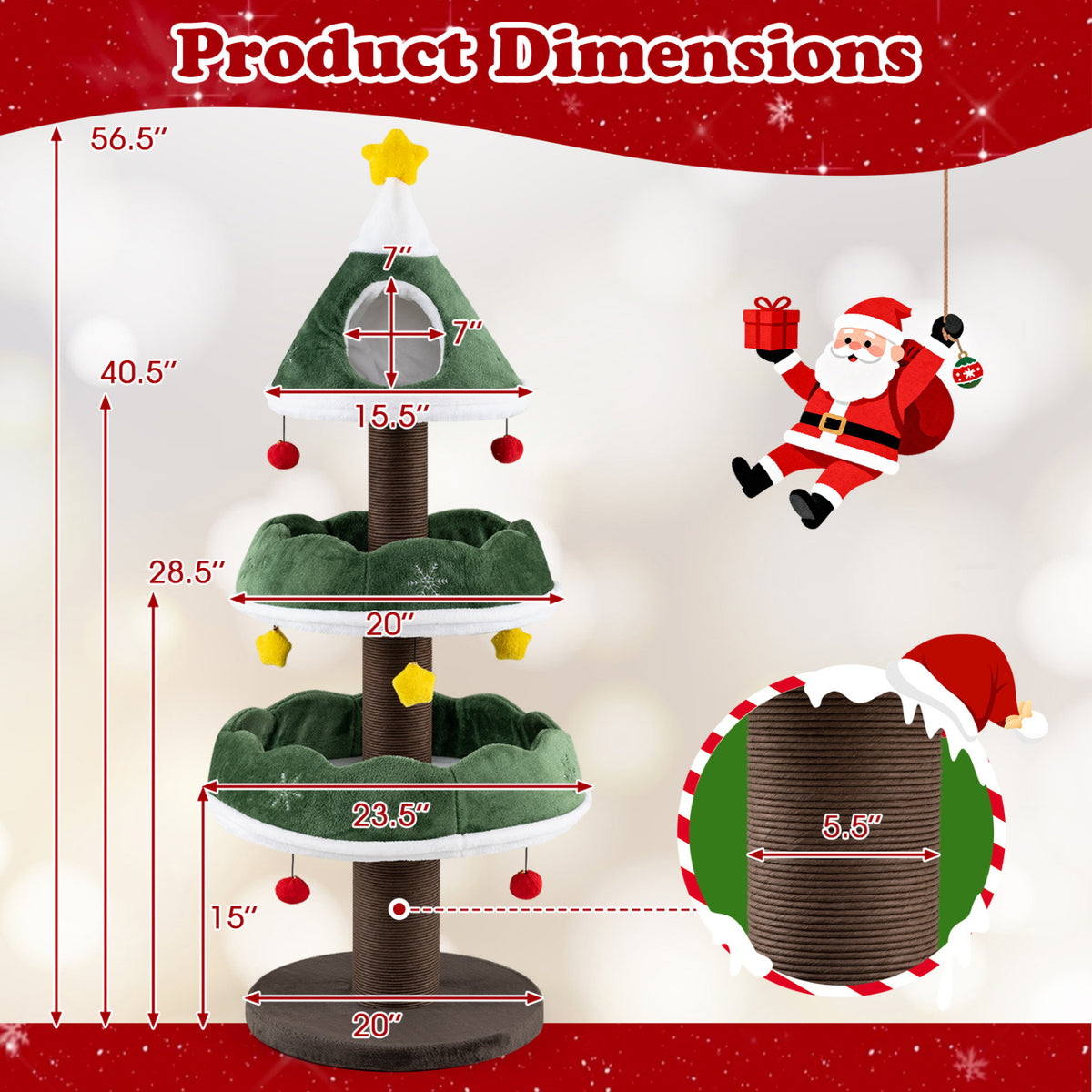 56.5 Inch Multi-Level Cat Tower with Fully-wrapped Scratching Posts-Green