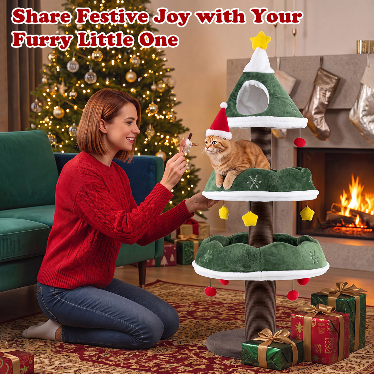 56.5 Inch Multi-Level Cat Tower with Fully-wrapped Scratching Posts-Green